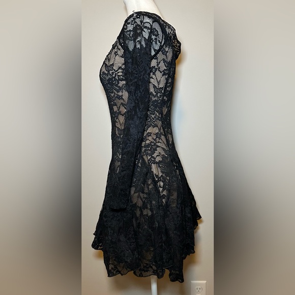 Black Lace Long Sleeve Mini Dress Sheer Floral Goth Fairy Romantic Fit & Flare - Picture 4 of 9